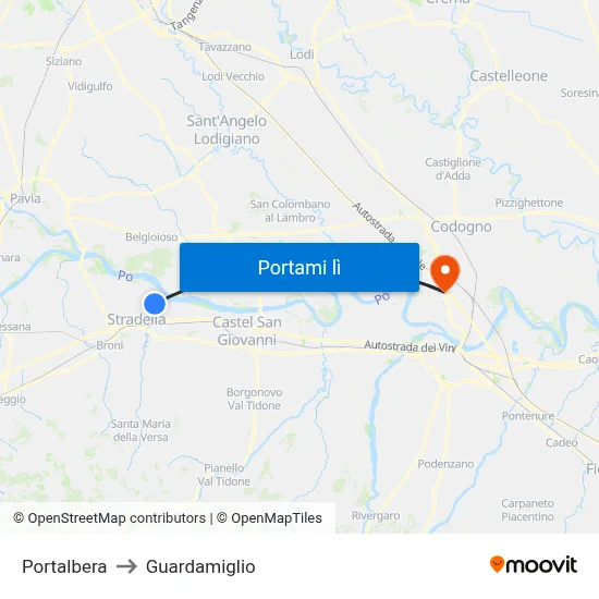 Portalbera to Guardamiglio map