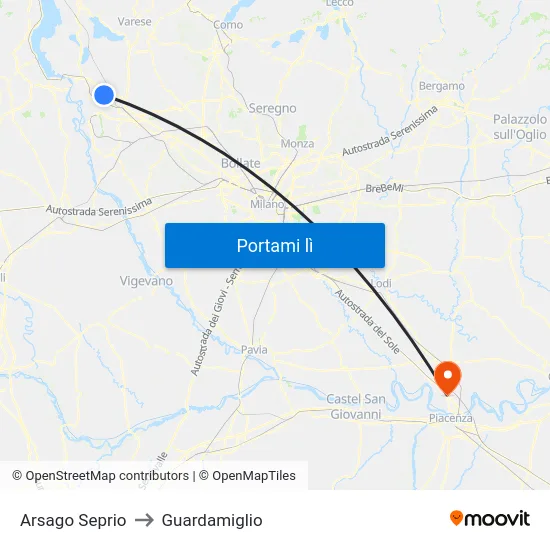 Arsago Seprio to Guardamiglio map