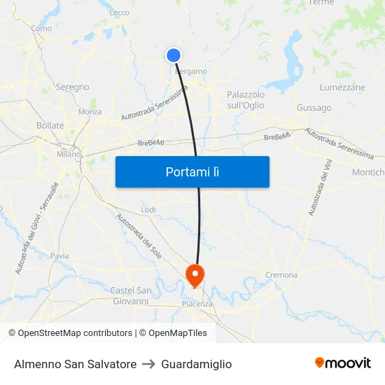 Almenno San Salvatore to Guardamiglio map
