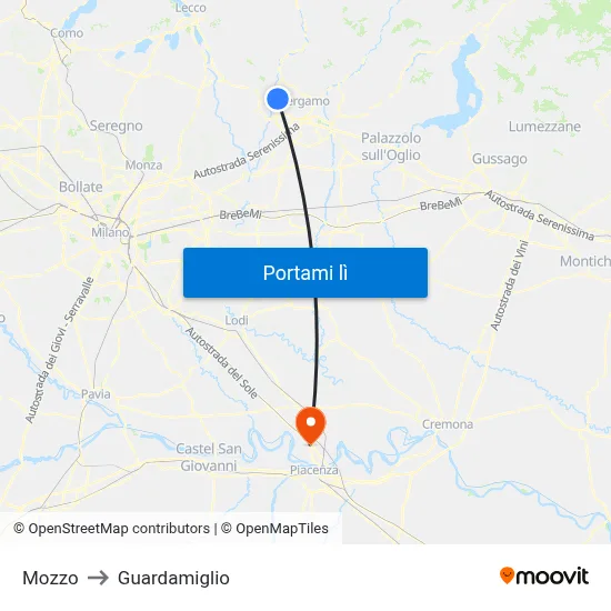 Mozzo to Guardamiglio map