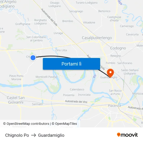 Chignolo Po to Guardamiglio map