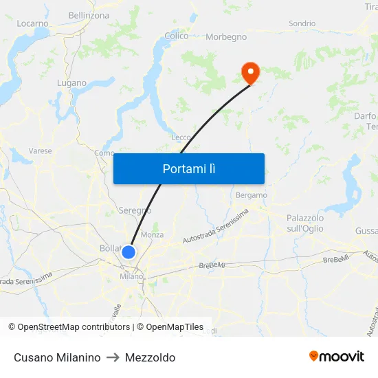 Cusano Milanino to Mezzoldo map