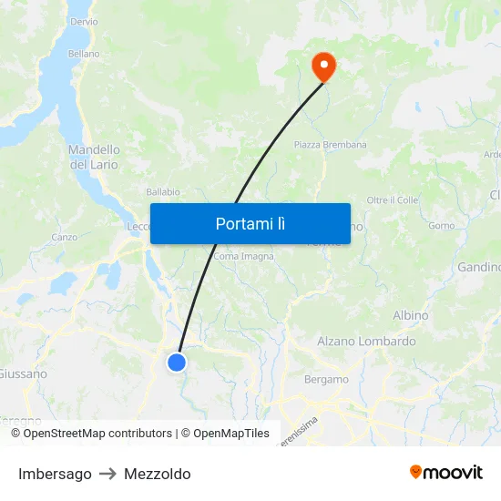 Imbersago to Mezzoldo map