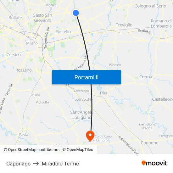 Caponago to Miradolo Terme map