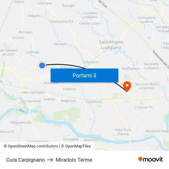 Cura Carpignano to Miradolo Terme map