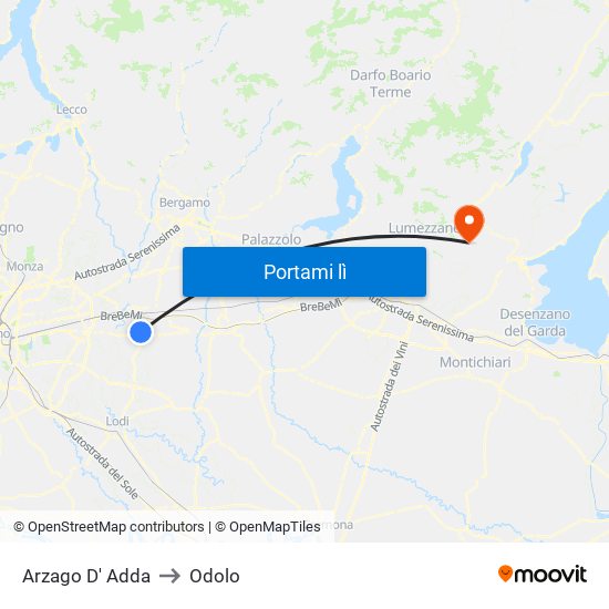 Arzago D' Adda to Odolo map