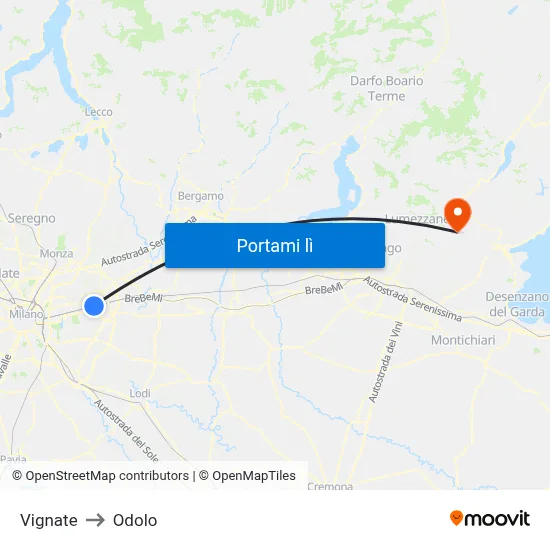 Vignate to Odolo map