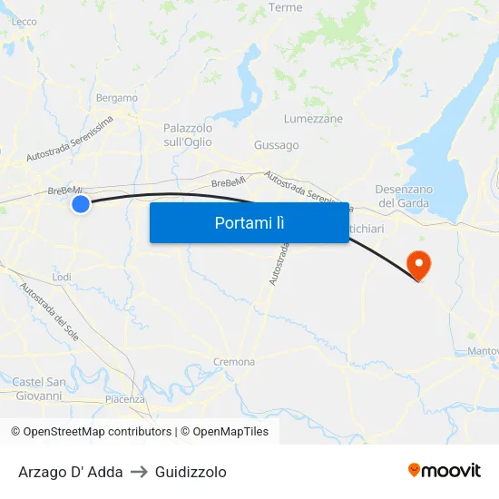 Arzago D' Adda to Guidizzolo map