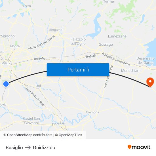 Basiglio to Guidizzolo map