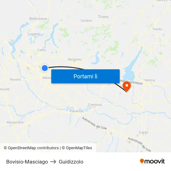 Bovisio-Masciago to Guidizzolo map