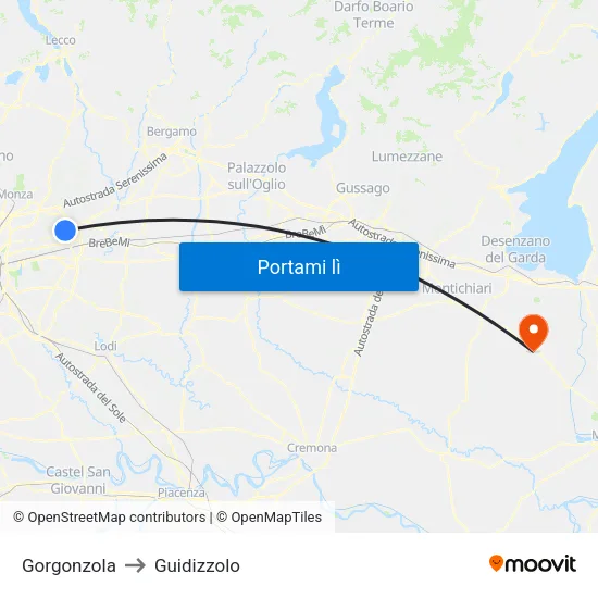 Gorgonzola to Guidizzolo map