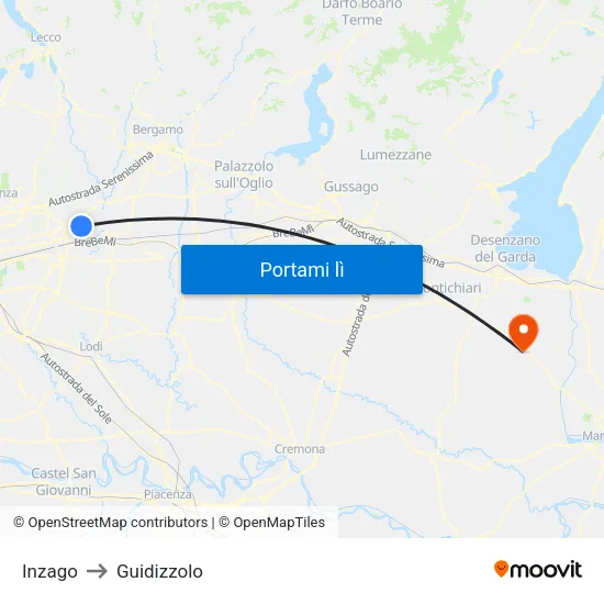 Inzago to Guidizzolo map