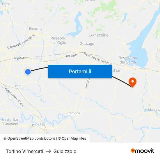 Torlino Vimercati to Guidizzolo map