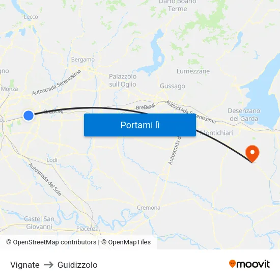 Vignate to Guidizzolo map