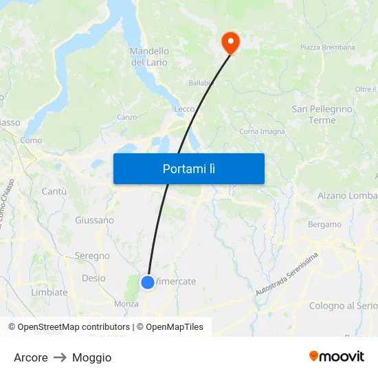 Arcore to Moggio map