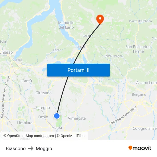 Biassono to Moggio map