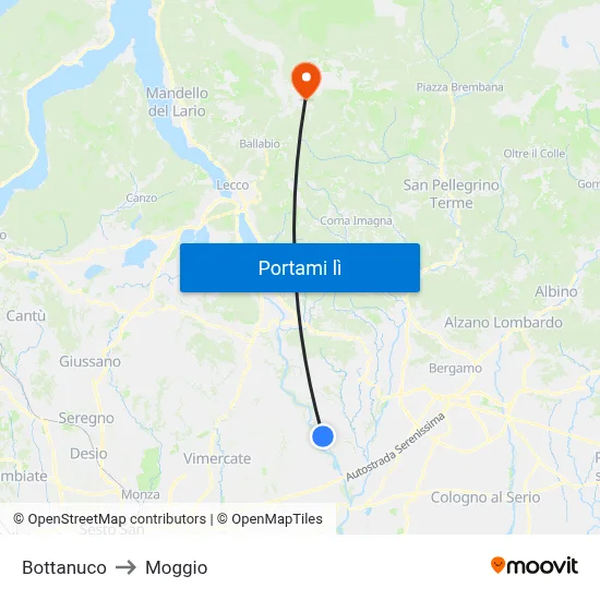 Bottanuco to Moggio map
