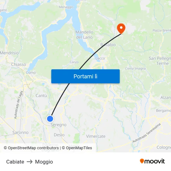 Cabiate to Moggio map