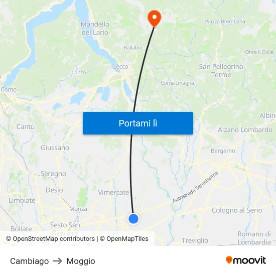 Cambiago to Moggio map
