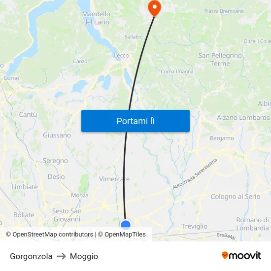 Gorgonzola to Moggio map