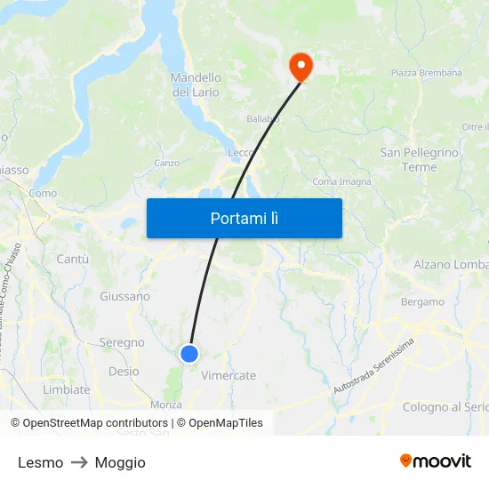 Lesmo to Moggio map
