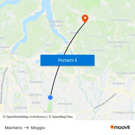 Macherio to Moggio map