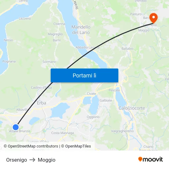 Orsenigo to Moggio map