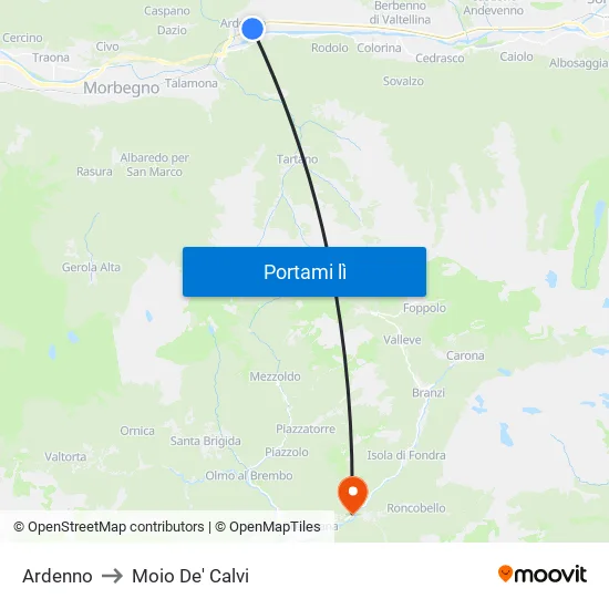 Ardenno to Moio De' Calvi map