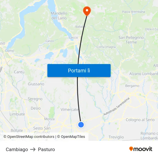 Cambiago to Pasturo map
