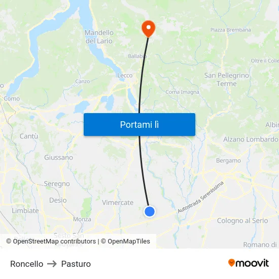 Roncello to Pasturo map