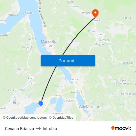 Cesana Brianza to Introbio map