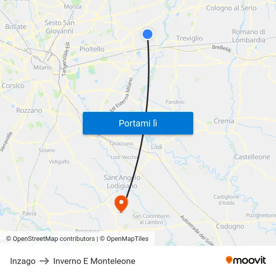 Inzago to Inverno E Monteleone map