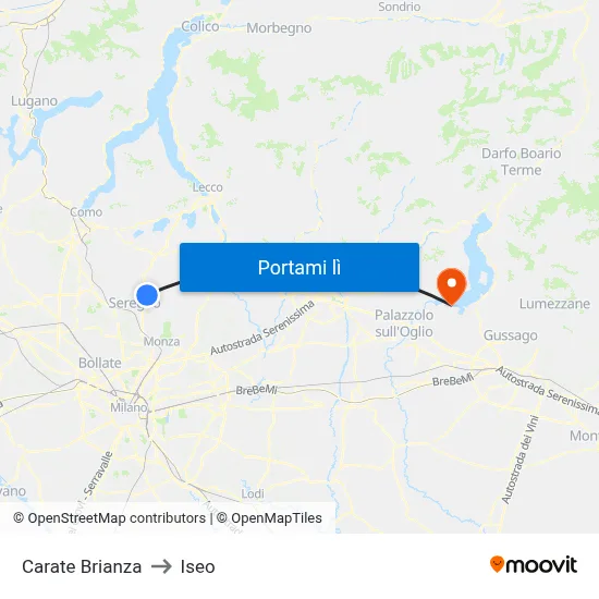 Carate Brianza to Iseo map