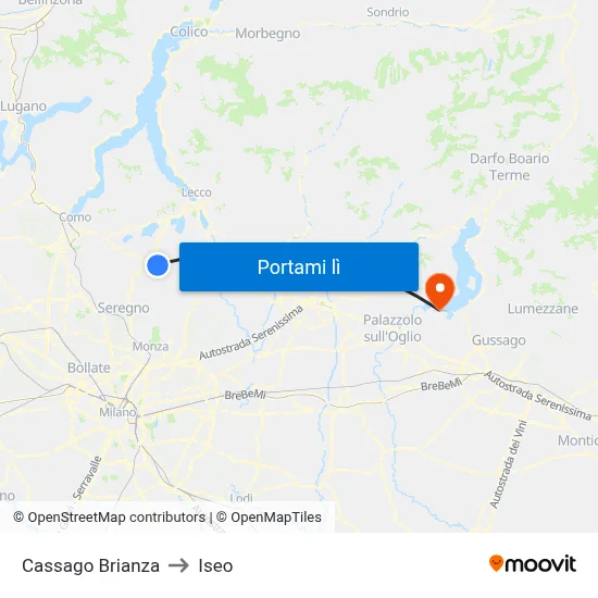 Cassago Brianza to Iseo map