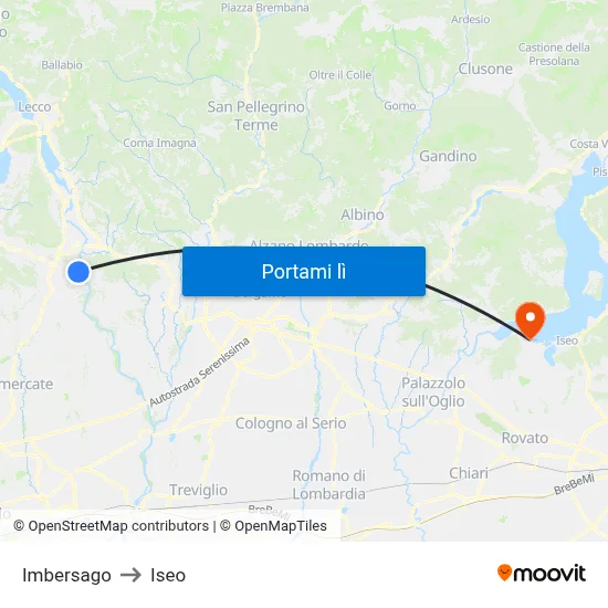 Imbersago to Iseo map