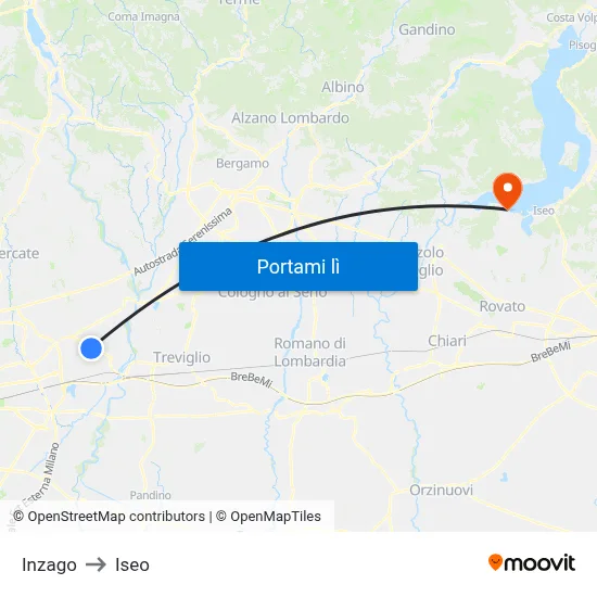 Inzago to Iseo map