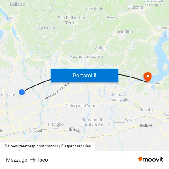 Mezzago to Iseo map