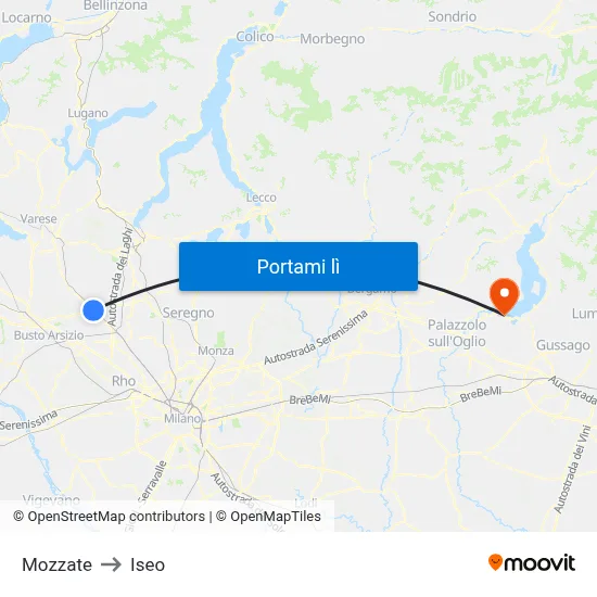 Mozzate to Iseo map
