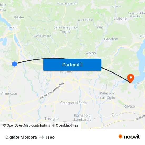 Olgiate Molgora to Iseo map