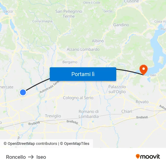 Roncello to Iseo map