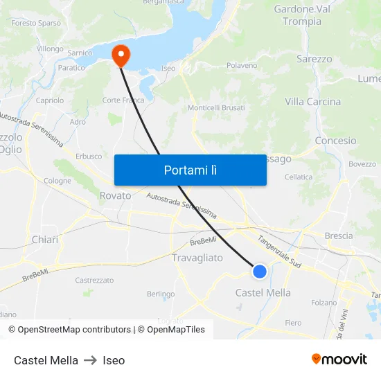 Castel Mella to Iseo map