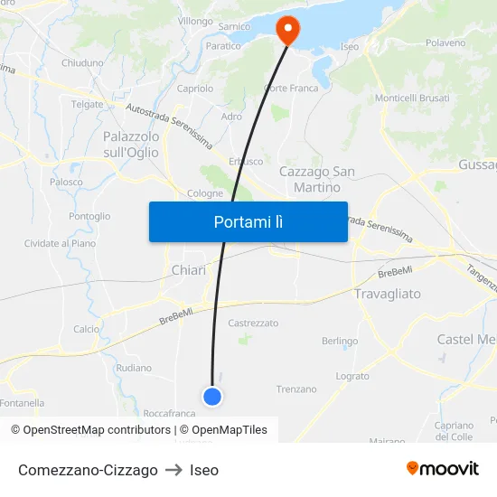 Comezzano-Cizzago to Iseo map