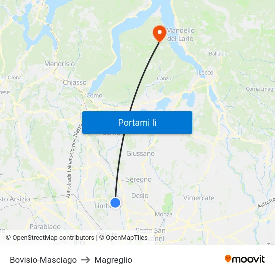 Bovisio-Masciago to Magreglio map