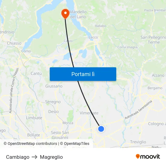Cambiago to Magreglio map