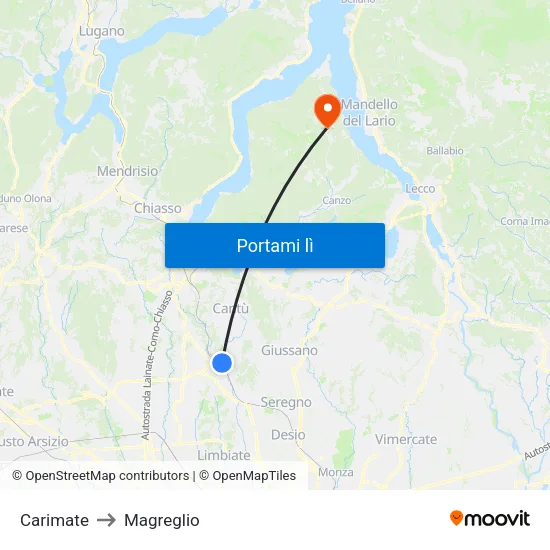 Carimate to Magreglio map