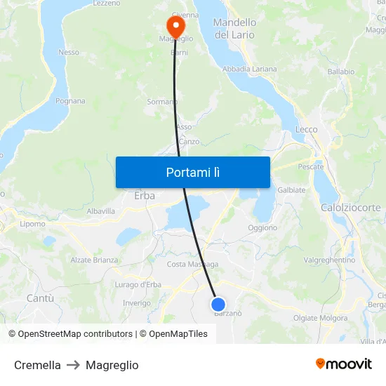 Cremella to Magreglio map