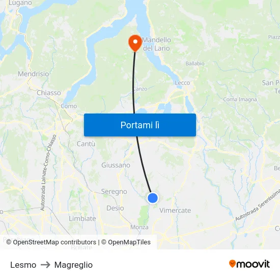 Lesmo to Magreglio map