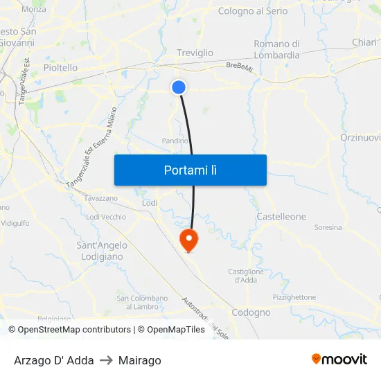 Arzago D' Adda to Mairago map