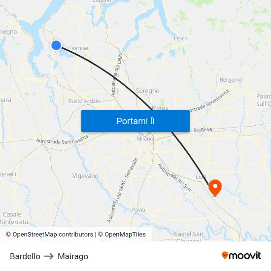Bardello to Mairago map