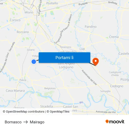 Bornasco to Mairago map
